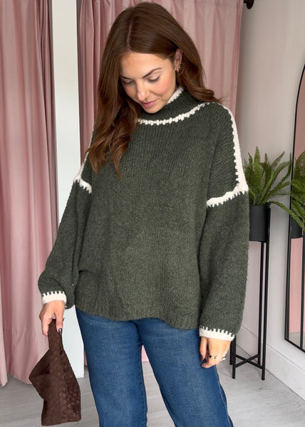 High Neck Contrast Edge Jumper - Green