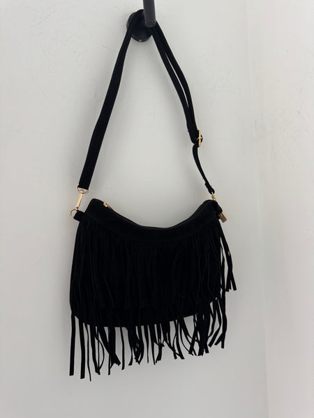 Faux Suede Tassel Handbag - Black
