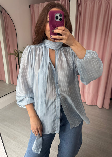 Pinstripe Pussy Bow Shirt - Blue