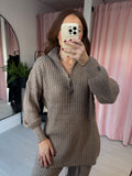 Wide Ribbed Zip Knit Co-ord - Taupe