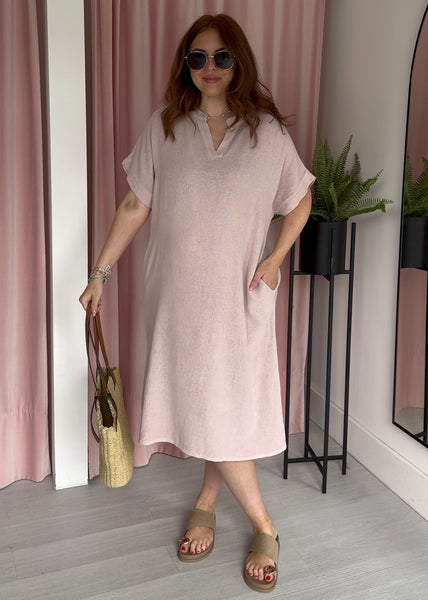 Tea Bag Linen Grandad Dress - Pink