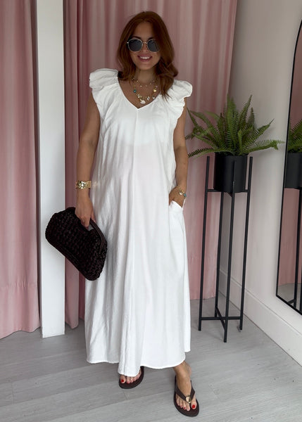 Ruched Deep Neckline Dress - White