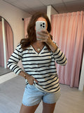 Stripe V Neck Top - Navy