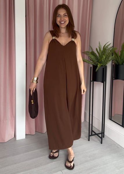 Gold Detail Pleat Front Jumpsuit - Brown