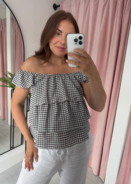 Gingham Ruffle Top - Brown