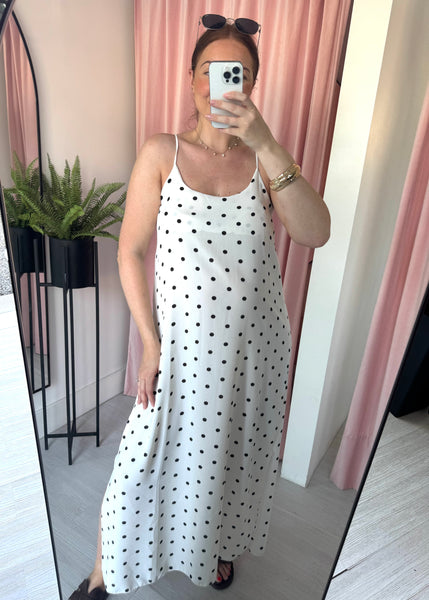 Split Side Straight Dress - Polka Dot White