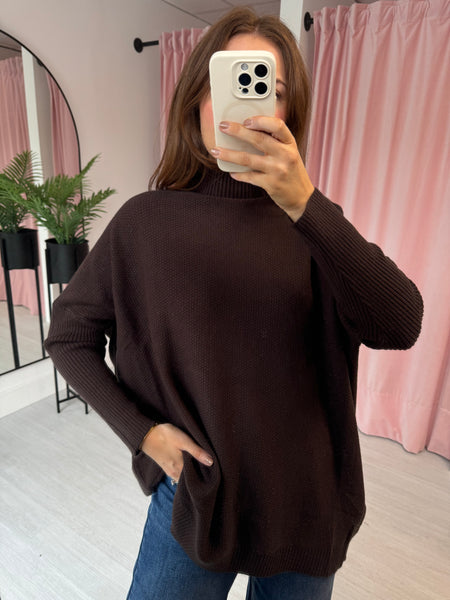 Waffle High Neck Jumper - Brown