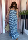 Cotton Shell Print Bandeau Halter Dress - Navy