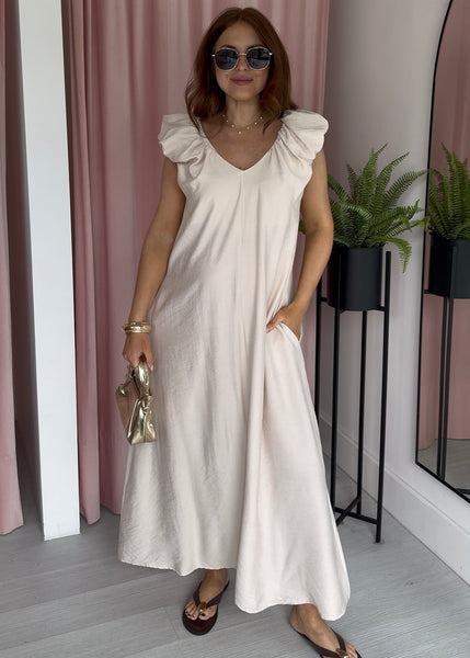 Ruched Deep Neckline Dress - Cream