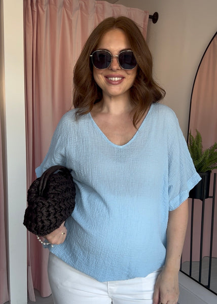 V Neck Cotton Top - Light Blue