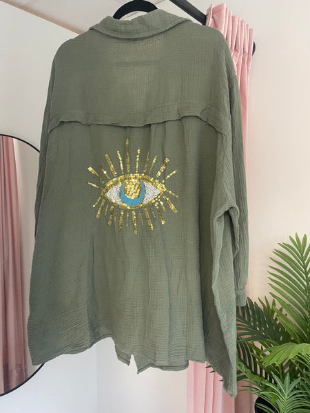 Evil Eye Cheesecloth Shirt - Khaki