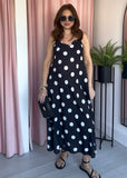 Satin Spaghetti Dress - Black Polka