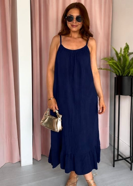 Cheesecloth Ruffle Hem Maxi Dress - Navy