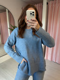 Crew Neck Rib Hem & Cuff Jumper - Blue