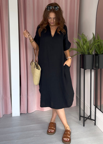 Cheesecloth Collar Dress - Black