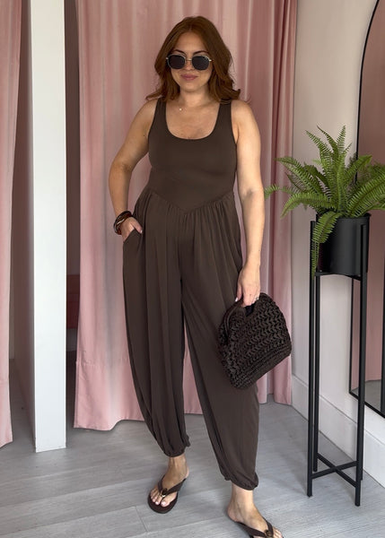 Basque Style Jersey Ribbed Jumpsuit - Brown