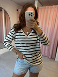 Stripe V Neck Top - Navy