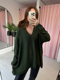 Slouchy V Neck Jumper  -  Olive