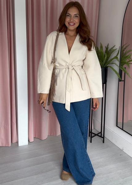 Collarless Tie Belt Jacket - Ecru