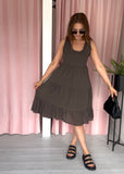 Frill Edge Tiered Dress - Brown
