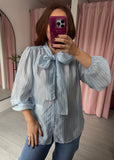 Pinstripe Pussy Bow Shirt - Blue