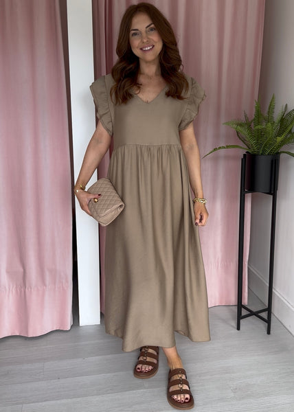 2 Way Button Midi Dress - Taupe