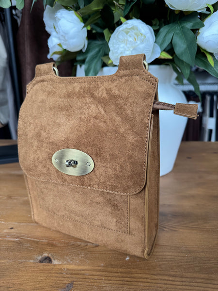 Faux Suede Cross Body Bag - Tan