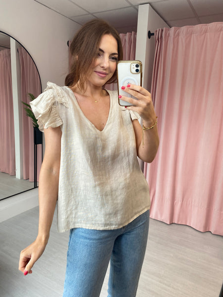 Linen Ruffle Sleeve Top - Stone