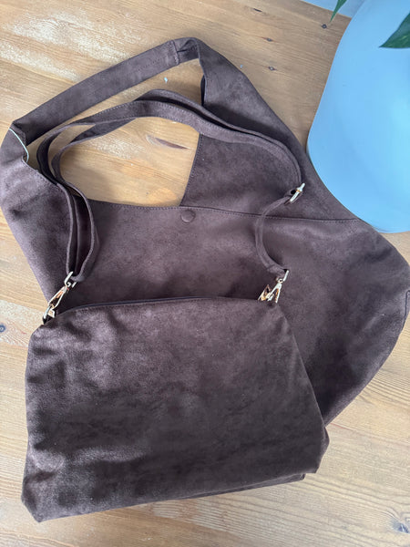 Faux Suede Button Slouch 2 in 1 Bag - Brown