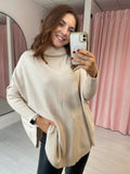 Ribbed Hem Roll Neck Jumper - Beige