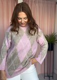 Longline Argyle Jumper - Pink & Taupe