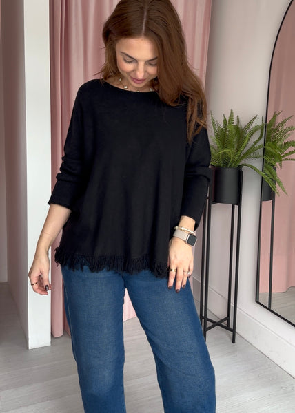 Fringe Hem Jumper - Black