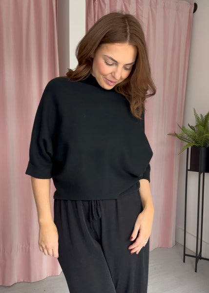 Funnel Neck Short Sleeve Jumper - Black
