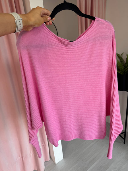 Rib Slash Neck Jumper - Pink