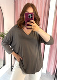 Basic V Neck T Shirt Long Sleeve - Taupe