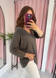 Basic V Neck T Shirt Long Sleeve - Taupe