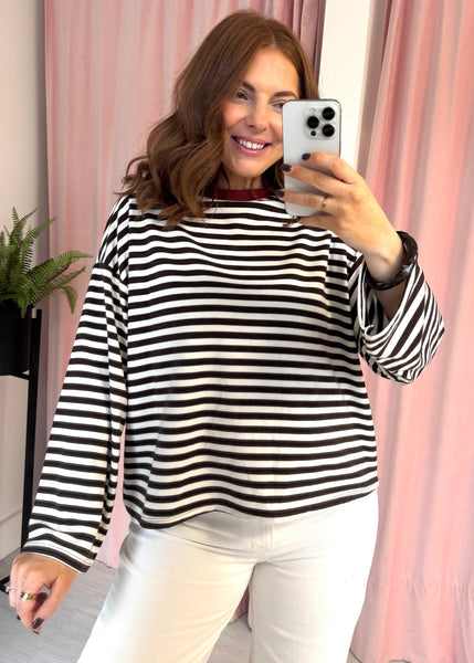 Stripe Long Sleeve T-shirt - Brown & White