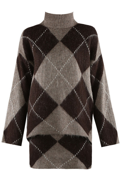 Argyle Jumper & Skirt Set - Taupe & Brown