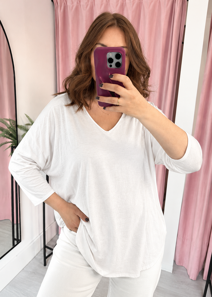 Basic V Neck T Shirt Long Sleeve - Off White