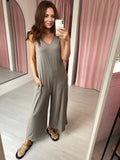 Wide Leg Jersey Jumpsuit with Pockets - Taupe