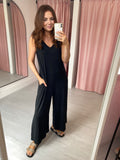 Wide Leg Jersey Jumpsuit with Pockets - Black