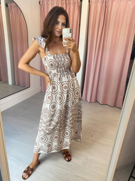 Emma Embroidered Print Dress - Taupe