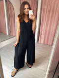 Wide Leg Jersey Jumpsuit with Pockets - Black
