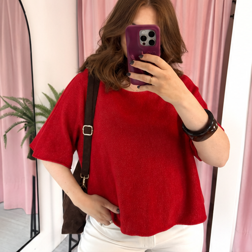 Knitted Batwing Top - Red