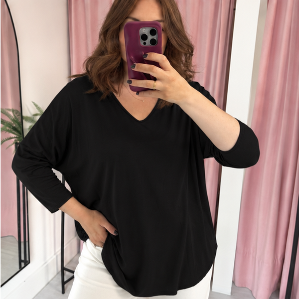 Basic V Neck T Shirt Long Sleeve - Black