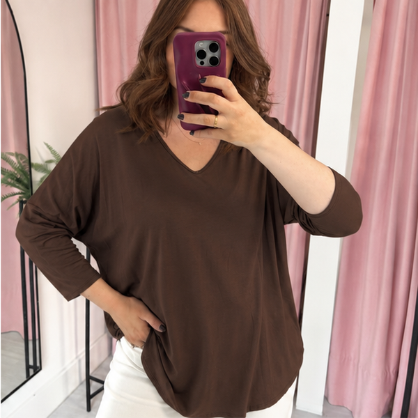 Basic V Neck T Shirt Long Sleeve - Cool Brown