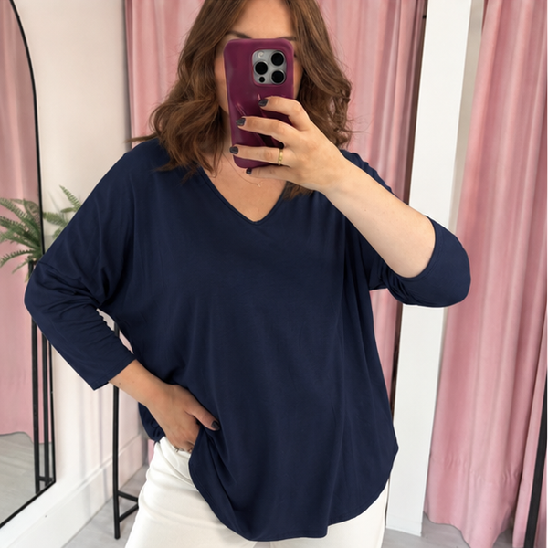 Basic V Neck T Shirt Long Sleeve - Navy