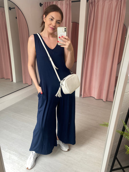 Wide Leg Jersey Jumpsuit with Pockets - Navy