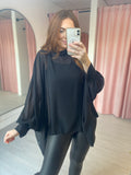 Chiffon Dip Side High Neck Shirt - Black