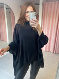 Chiffon Dip Side High Neck Shirt - Black